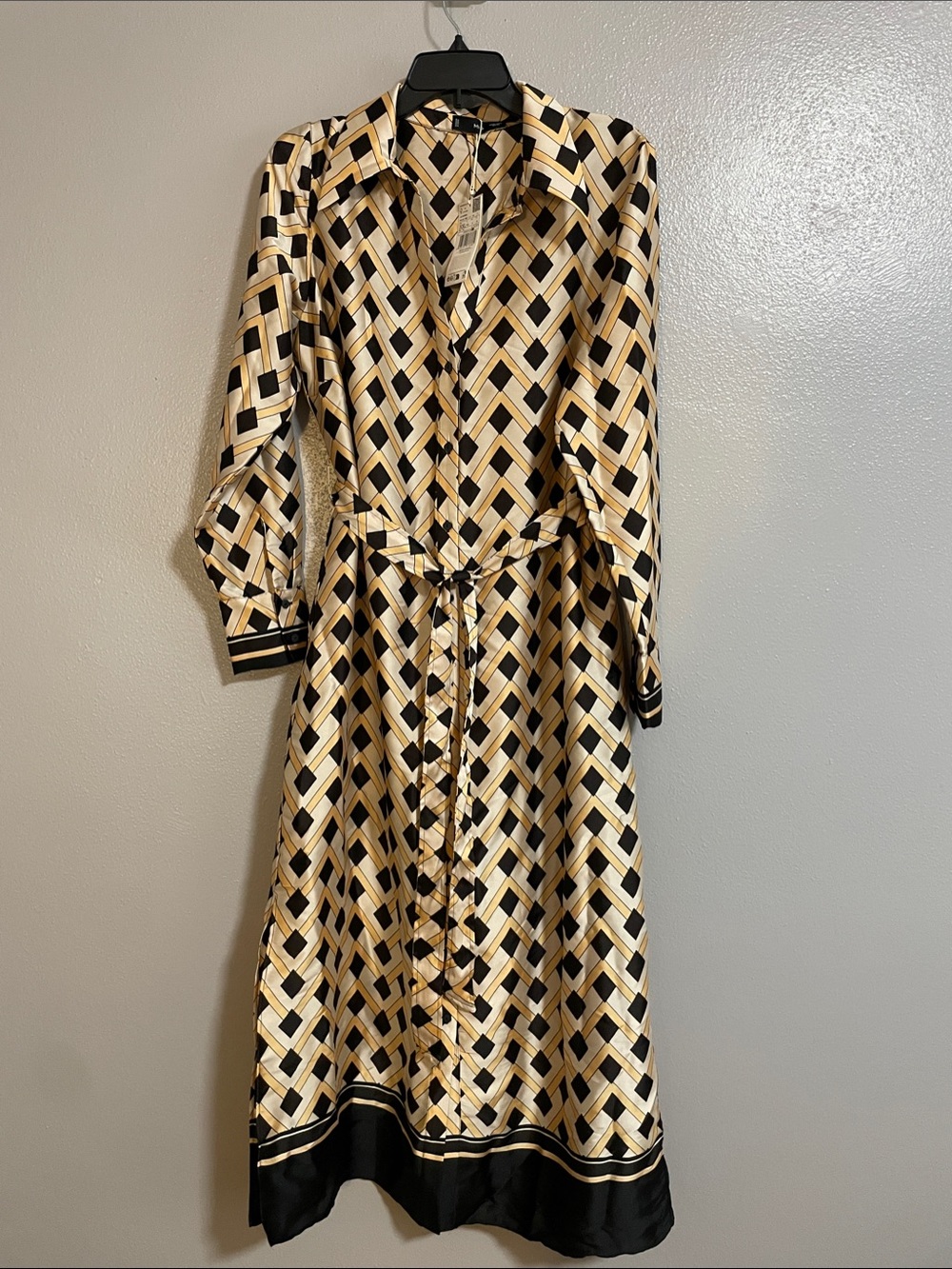 MANGO Geometric Print Midi Shirt Dress in Cream & Black Size XXL